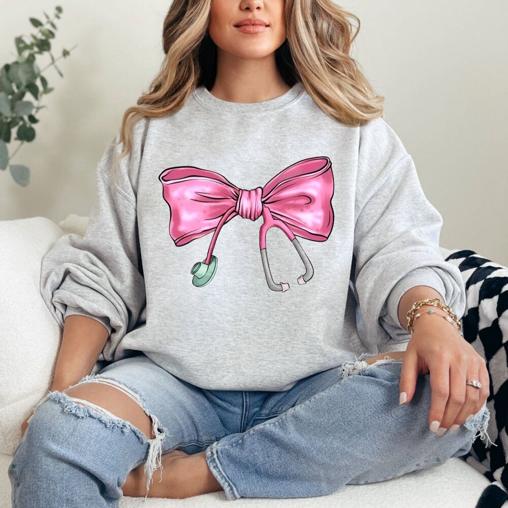 Womens Coquette Nurse Stethoscope Bow Ash Gray Crewneck Sweatshirt Gift Idea